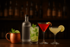 A selection of vodka cocktails including Cosmopolitan, Moscow Mule, Mojito, and Lemon Drop on a bar counter