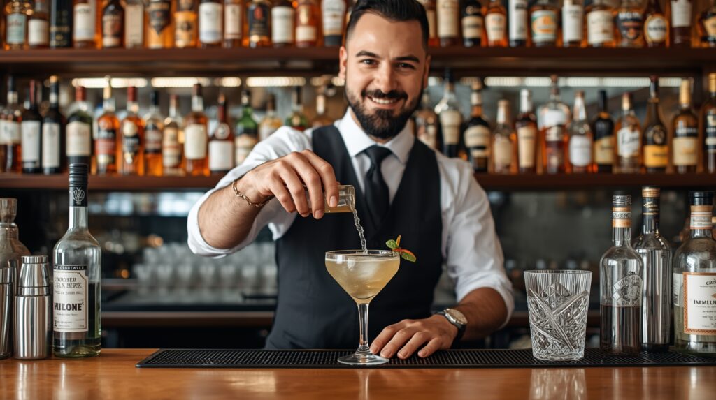 bartender serving cocktails in a busy London bar