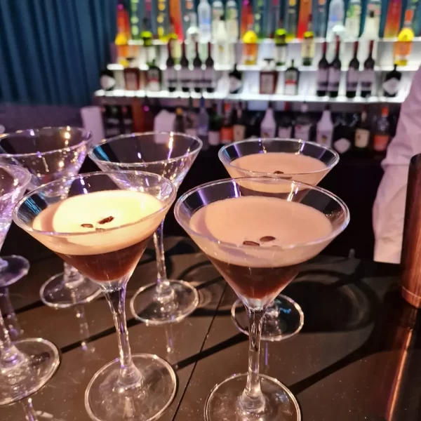 Espresso martinis on a bar counter display