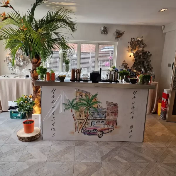 Tropical themed bar setup with plants and drinks