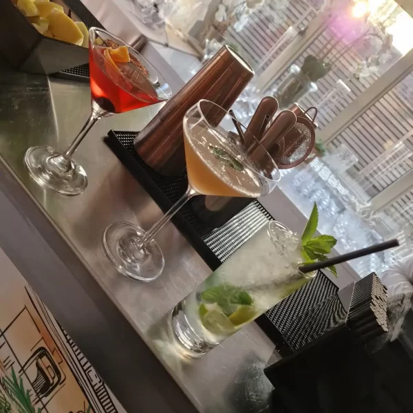 Variety of colorful cocktails on a bar counter